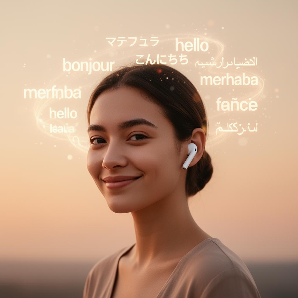 A calm person wearing AirPods, with multiple languages flowing softly around them into clear meaning